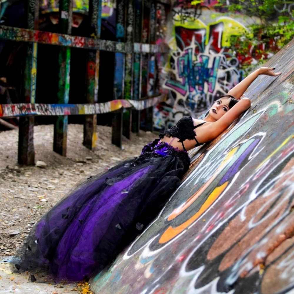 "LADY ANA" Custom Order Black & Purple Rose Petal Tulle Wedding Ballgown Set - Picture 13 of 13